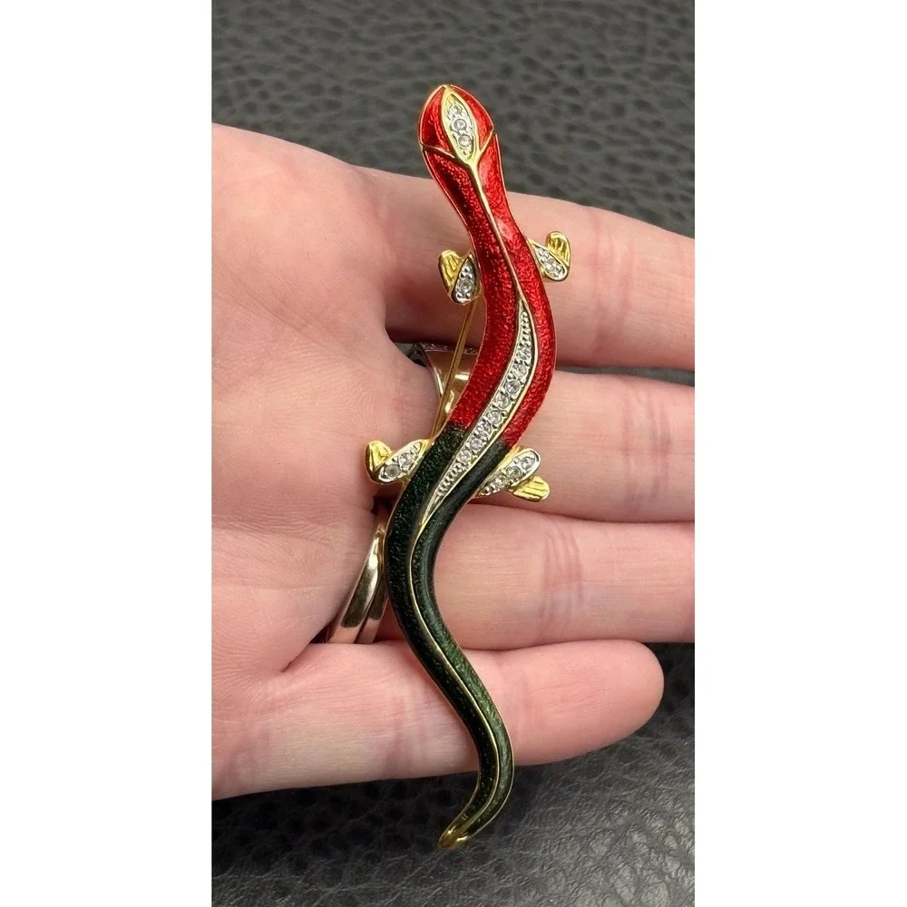 Vintage Red Green Enamel Rhinestone Crystal Lizard Salamander Brooch Pin